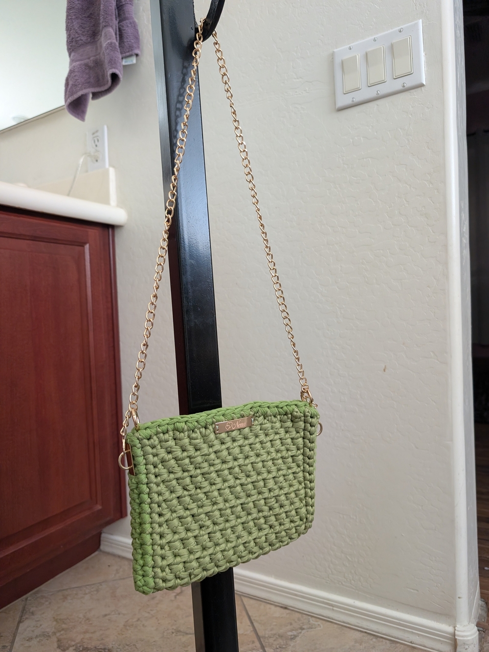 Crochet Green Crossbody Bag with Gold Chain